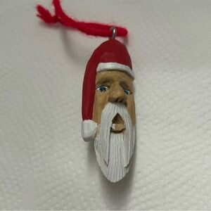 Signed Artisan Hand-Carved Wooden Santa Claus Ornament